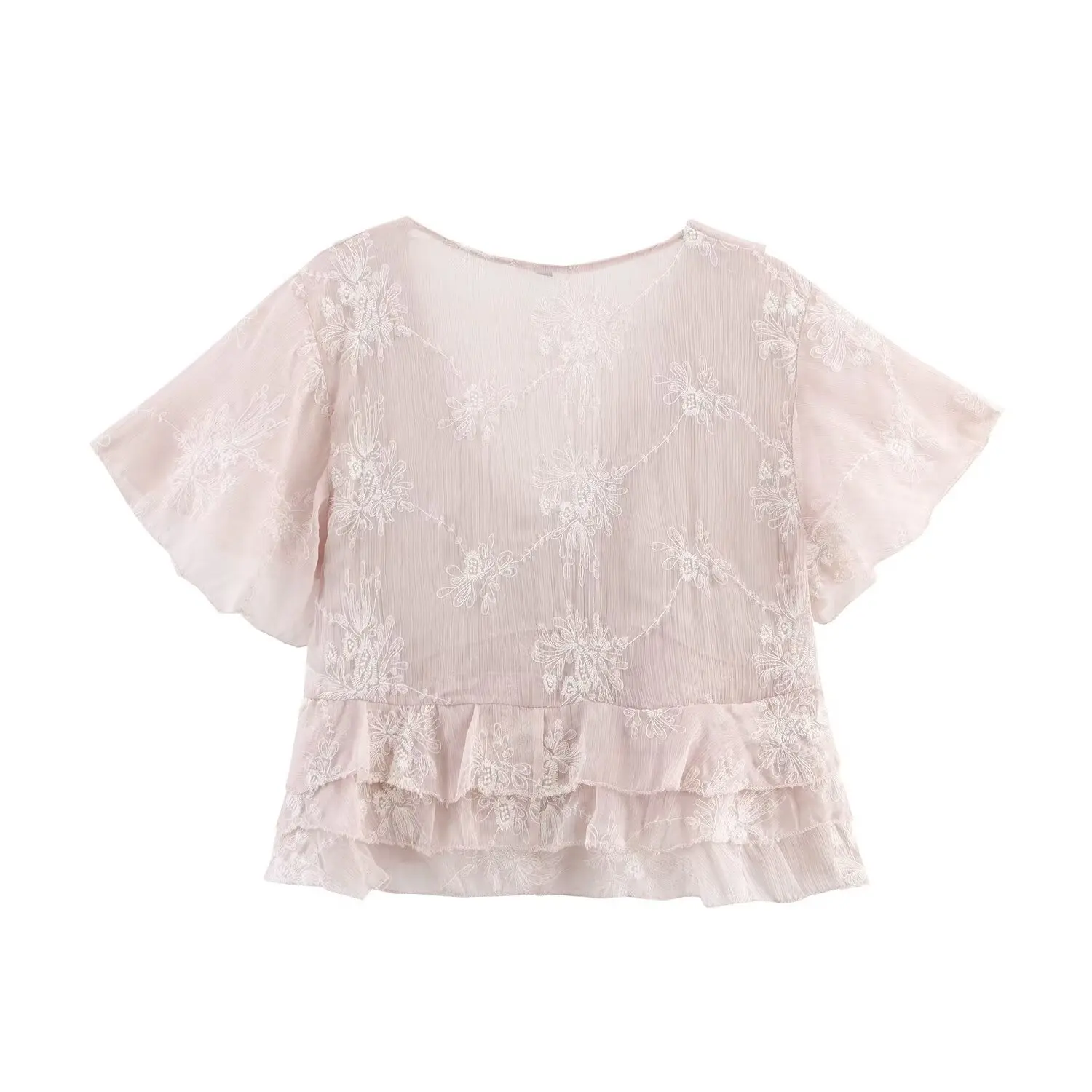 Maxdutti Minimalist Elegant Layered Embroidered Shirt Women Summer Blouse Tops French Chiffon V-neck Casual Short Sleeve Shirt