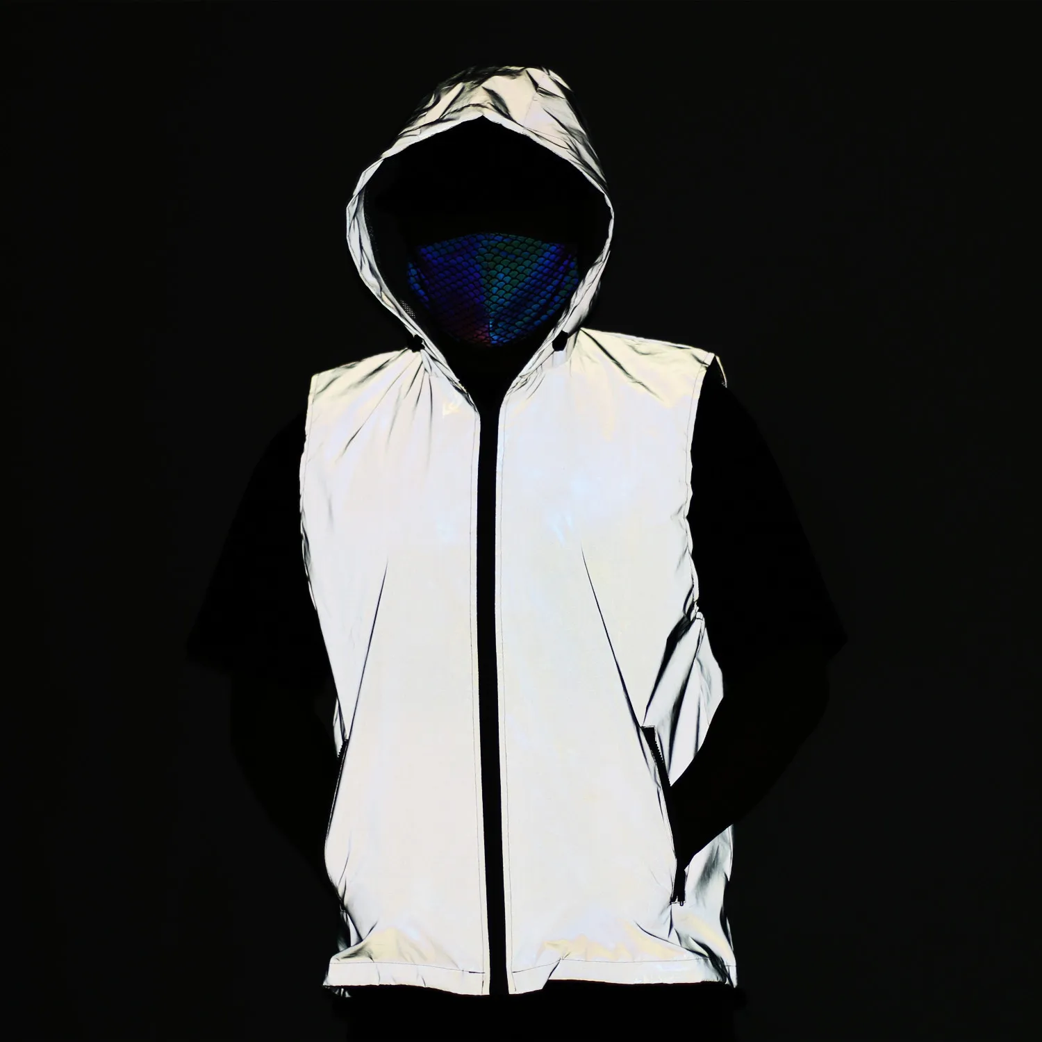 

2024 Men's Full Reflective Hooded Vest Outdoor Sports Reflective Loose-Fitting Vest