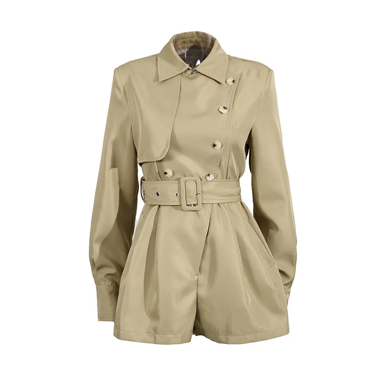 ZOCI المرأة سترة واقية السراويل بذلة تقسم معاطف حزام طويلة الأكمام الإناث قطعة واحدة جاكيتات بلون 2025 جديد #5