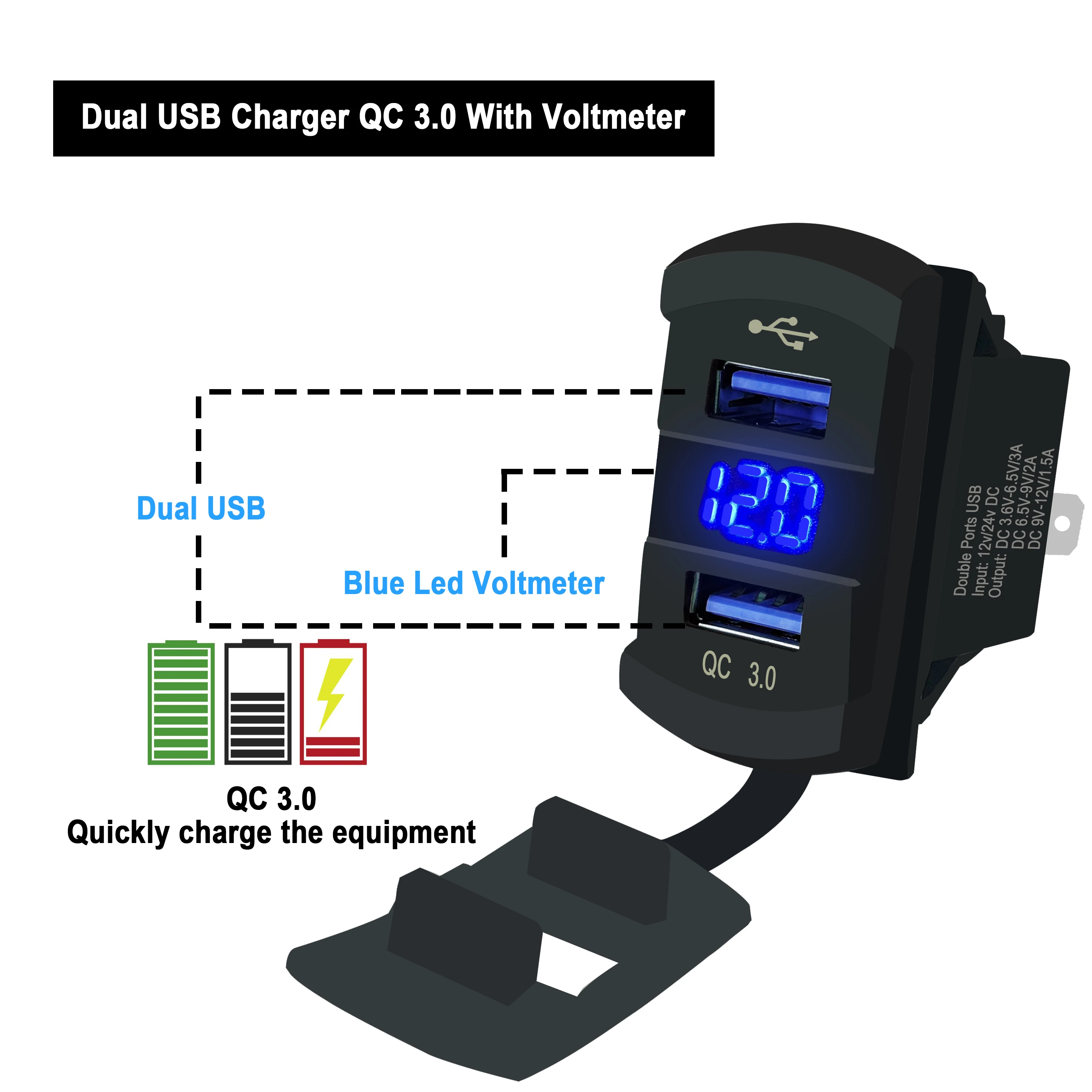 Dual USB Quick Charger QC 3.0 Socket and Voltmeter Blue Led Rocker Switch 3.0 DC 12V-24V Adapter for Car Motor Boat Truck