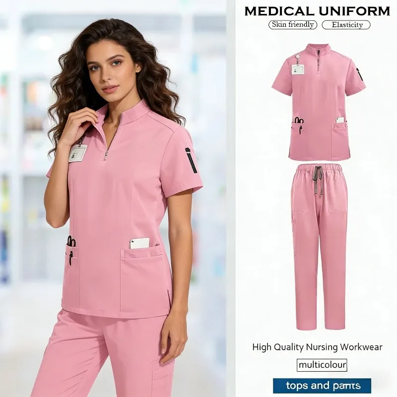 Two Piece Stand Up Collar Frosted Beauty and Skincare Hospital Uniform Set Solid Color Pocket Frosted Women's Care Set