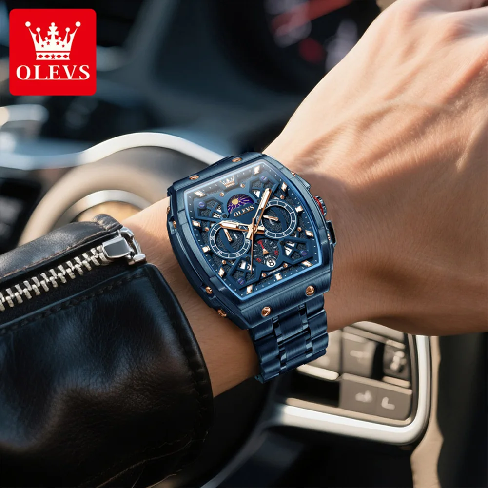 OLEVS Men's Watches Stainless Steel Tonneau Dial Moon Phase Waterproof Chronograph Wristwatch Original Quartz Watch for Men 2942 view 3