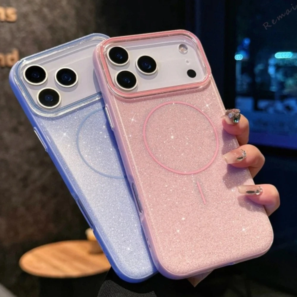 2025 capa de telefone magnética para iphone 11 12 13 16 17 pro max air 14 15 16 plus magsafe bling glitter capa de carregamento sem fio