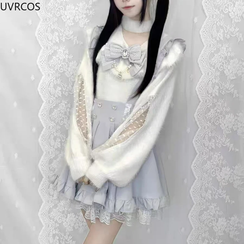 Japan Mass Production Sweet Lolita Gebreide Truien Dames Herfst Winter Wollen Parel Boog Korte Trui Zachte Harige Gebreide Jas