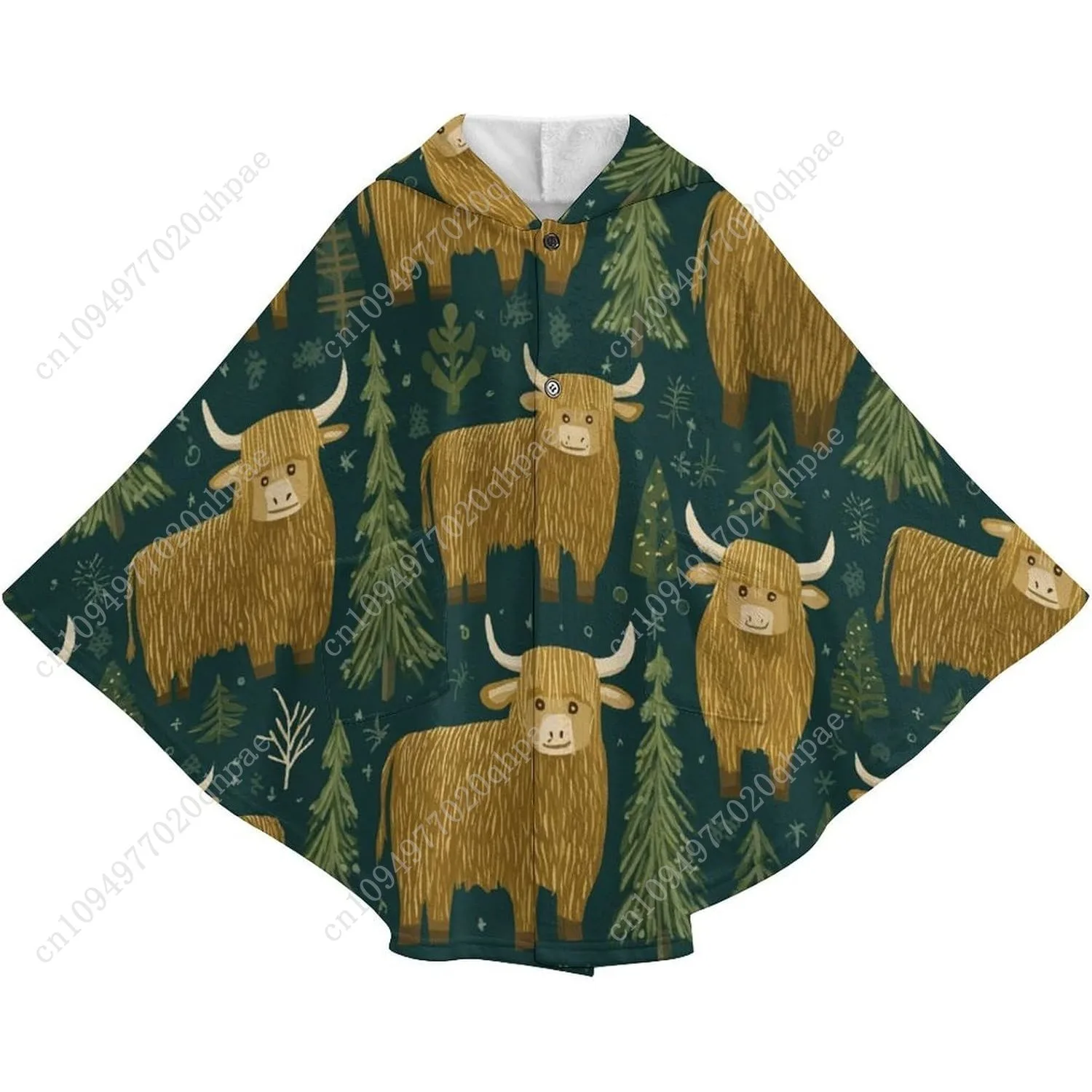 Comodo maglione coperta in flanella, felpa con cappuccio oversize con motivo mucca e alberi con tasche per bambini e adolescenti