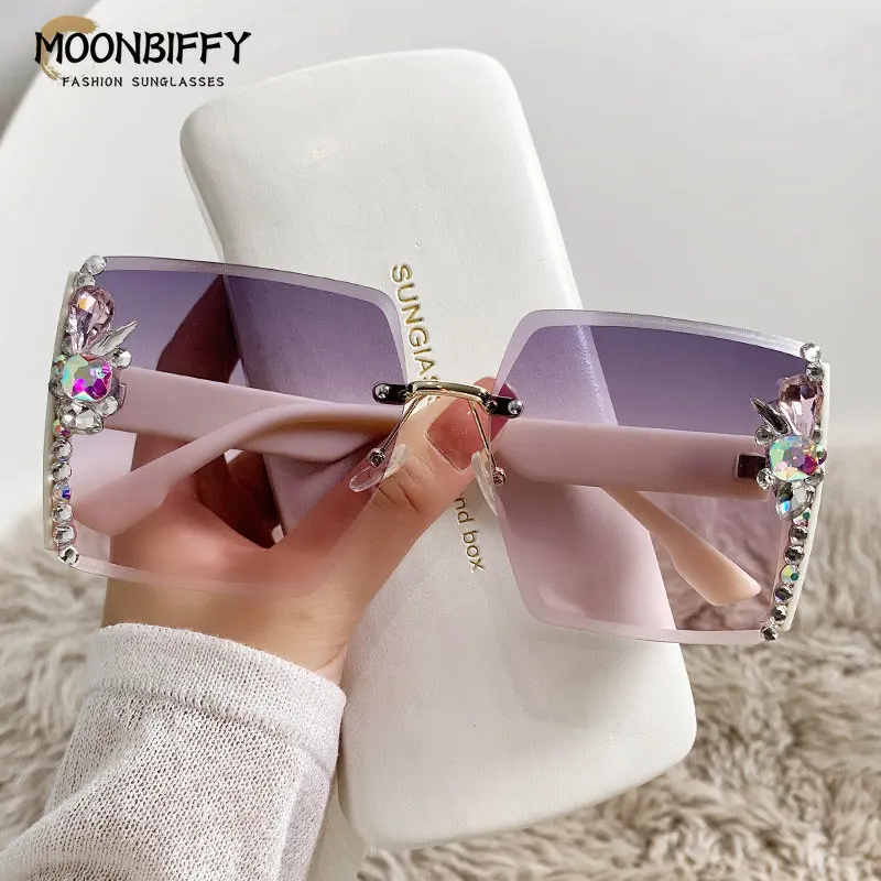 Gafas de sol cuadradas de gran tamaño para mujer, lentes de sol sin montura Vintage, decoración de diamantes, UV400