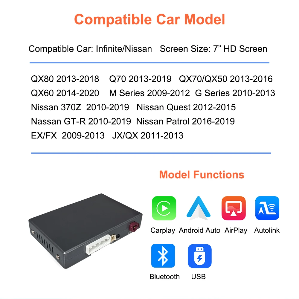 Bonroad Wireless CarPlay Android Auto Nachrüstsätze für HD-Bildschirm Infiniti QX70 FX37 FX35 QX50 EX25 EX37 QX80 QX56 Mirror Link – Detail 4