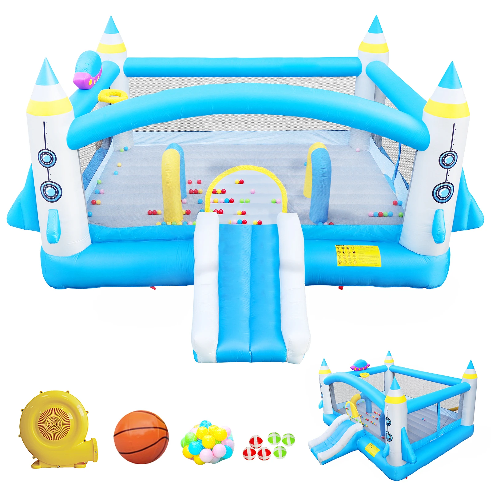 

Kids Inflatable Bounce House With Long Slide Bouncing Area Basketball Hoop Heavy Duty Oxford Fabric Family Backyard Bouncy Castl