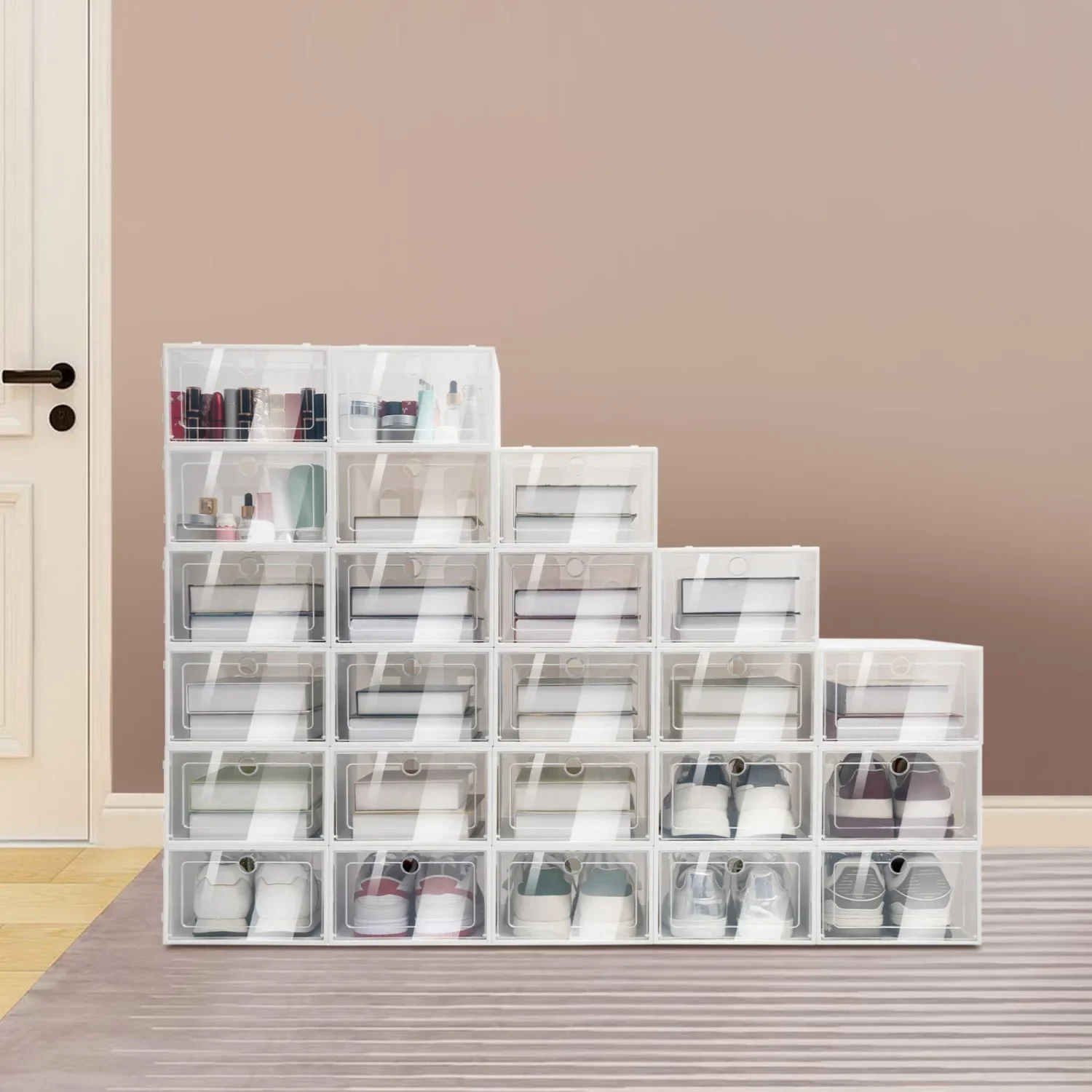 

24 Pack Shoes Storage Boxes - Clear Plastic Foldable Stackable Shoe Containers Bins Holders For Closet Bedroom Small Space