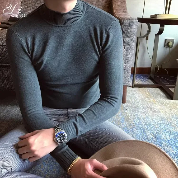 

Winter Thiened Slim Fit Knitted Sweater f High Collar Pure Color Faionable Korean Sle Youth Casual Long Sve Crew ...