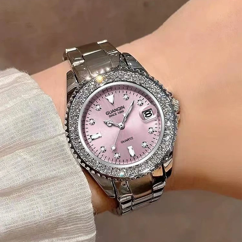 GUANQIN Luxury Quartz Watch for Women Zircon Decoration Calendar Display 30M Waterproof Luminous Lady Watches for Gifts