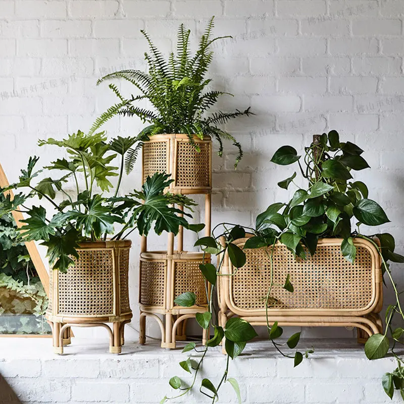 Retro rattan flower stand creative foldable shelf indoor rattan multi-layer flower basket plant shelf