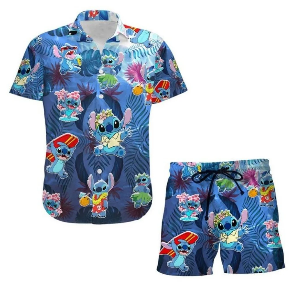 

2025 New Disney Hawaii 3d Printed shirt New men's and women's fashion Cute Stitch Boys button short sleeve shorts set Disney Bea