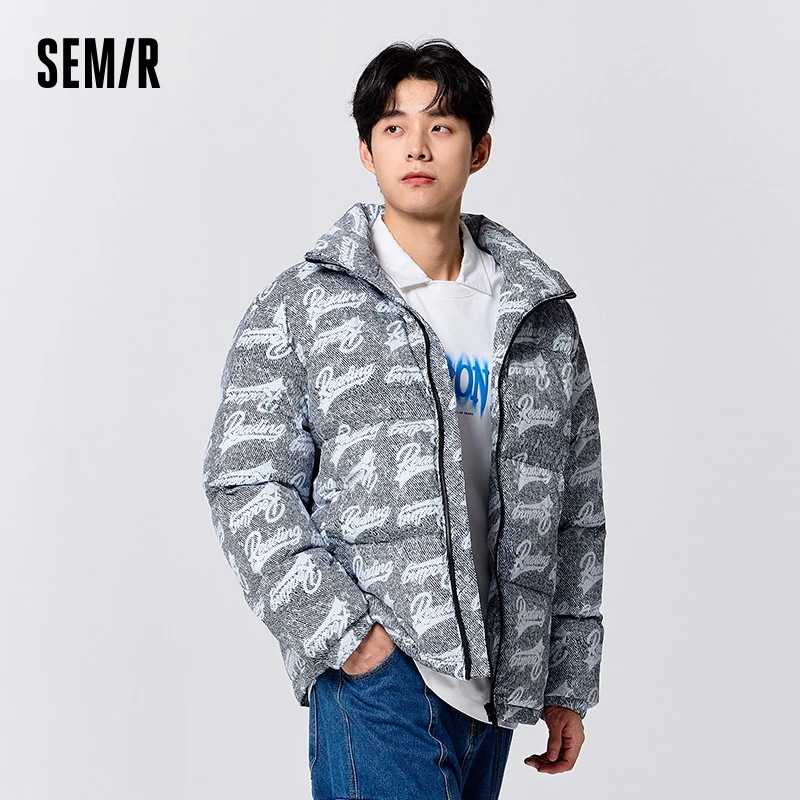 Semir Down Jacket Men 2024 New Winter Trendy Street Wind Flower Version Loose Stand Collar Coat