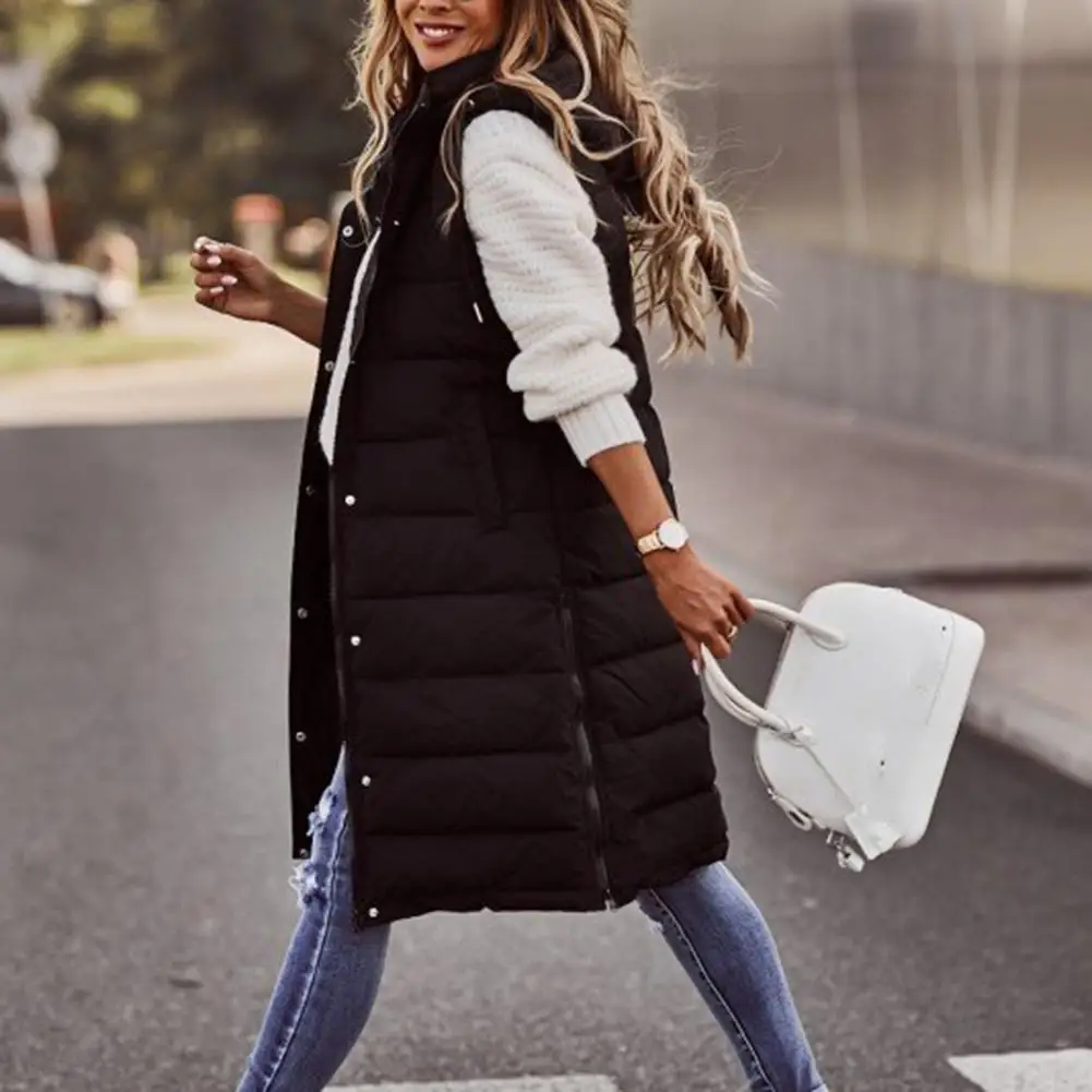 Women Winter Vest Coat Padded Sleeveless Hooded Women Coat Mid Length Slim Fit Zipper Hem Pockets Lady Long Winter Waistcoat