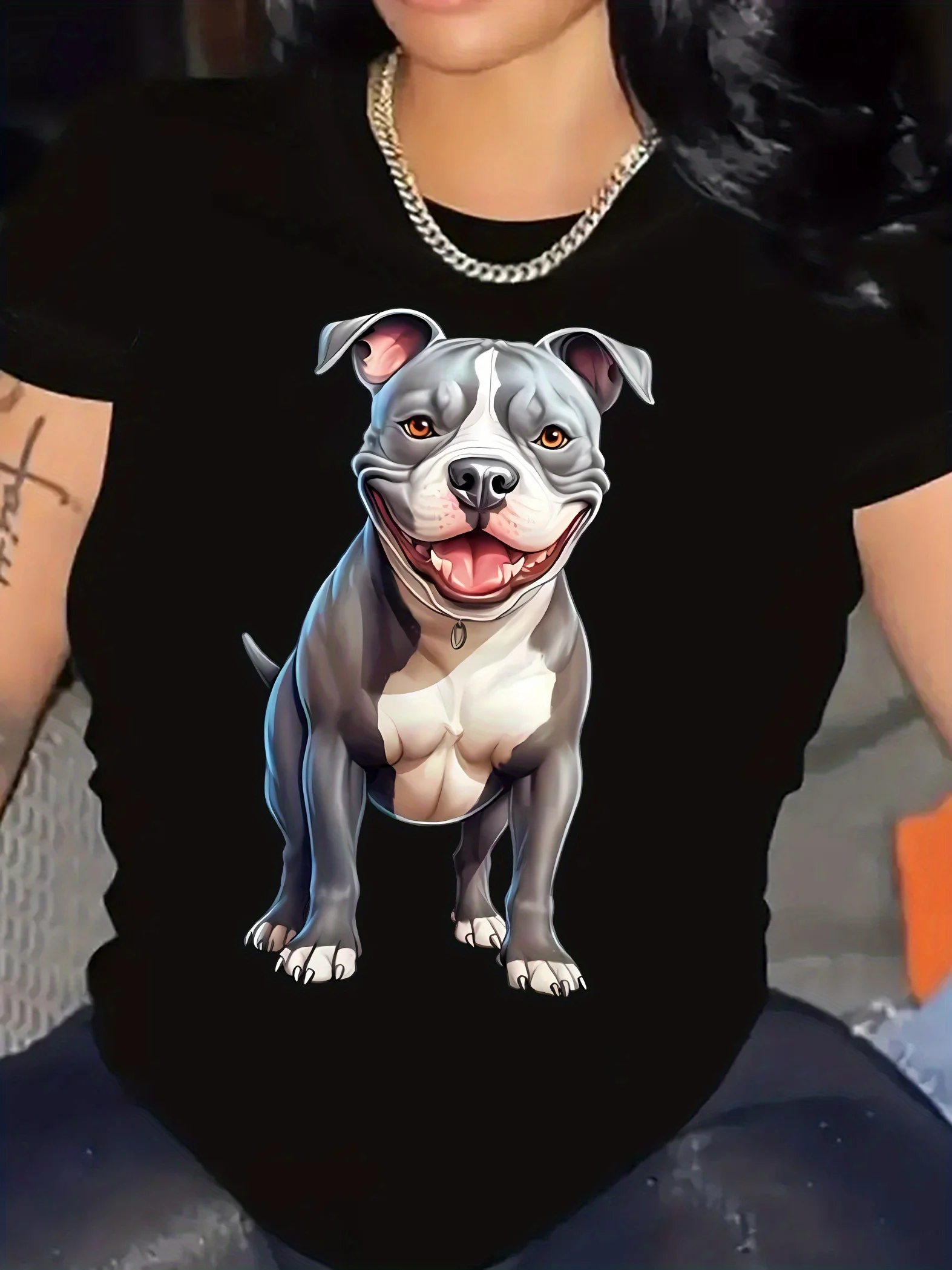 تي شيرت نسائي كاجوال برسومات بيتبول الأمريكية، تي شيرت ناعم قابل للتمدد برقبة دائرية وأكمام قصيرة، مناسب للفصول الأربعة، لمحبي الكلاب #1