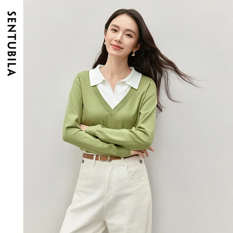 SENTUBILA Spliced Knitted Pullovers for Women 2024 Autumn Fashion Turn Down Collar Patchwork 2 in 1 Tops Odzież damska W43H57272