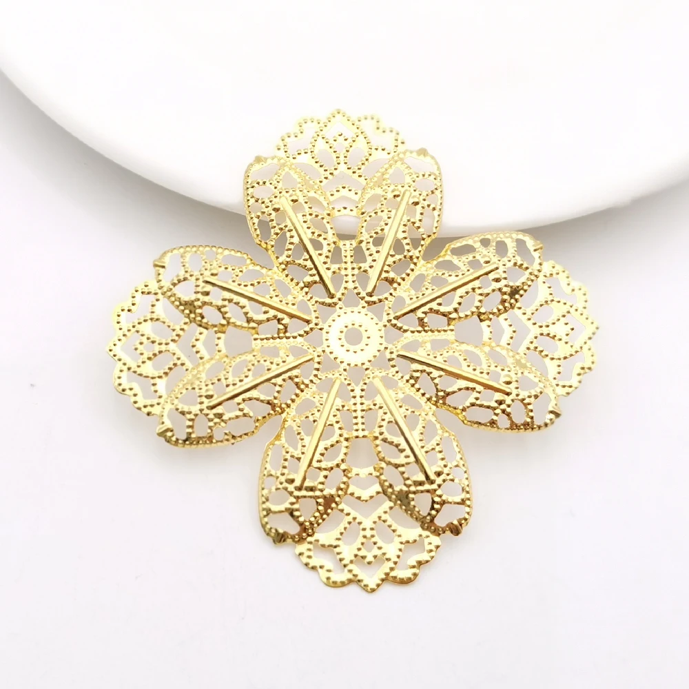 10 PCS 66mm Gold Color Metal Filigree Hollowed-out Four-leaf Flower Slice Charms Base Setting DIY Jewelry Components Findings