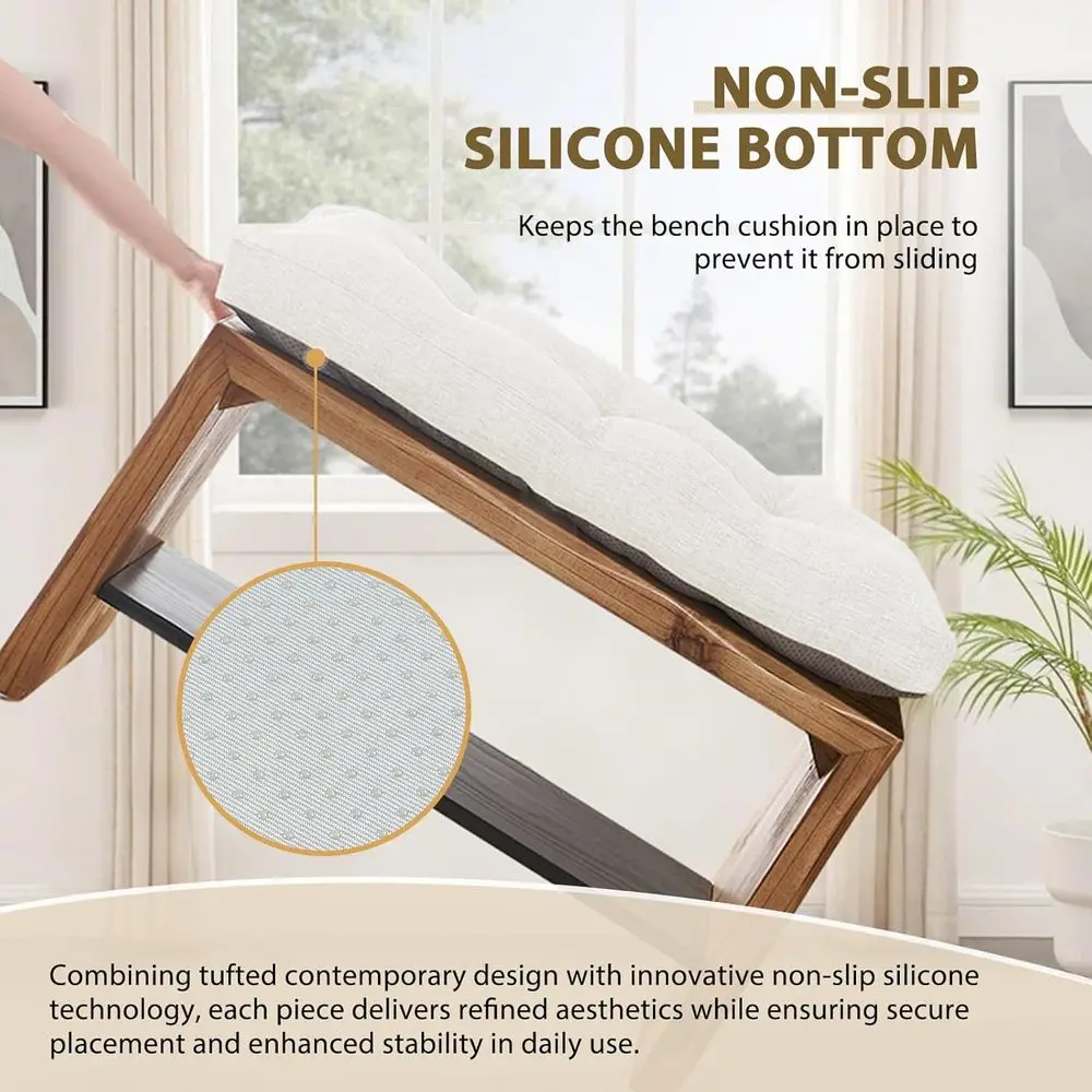 Almofada de banco de espuma tufada grande, antiderrapante, 36 x 14 x 4 polegadas, bege, pacote com 2