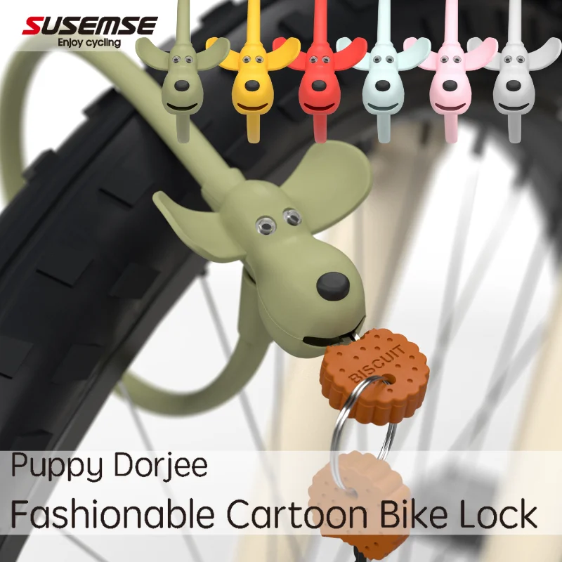 SUSEMSE Cute Dog Silicone Bike Lock with 2 Cookie Keys Anti-Theft Cable Lock for Mountain, Road, Child Bikes Bike accessories