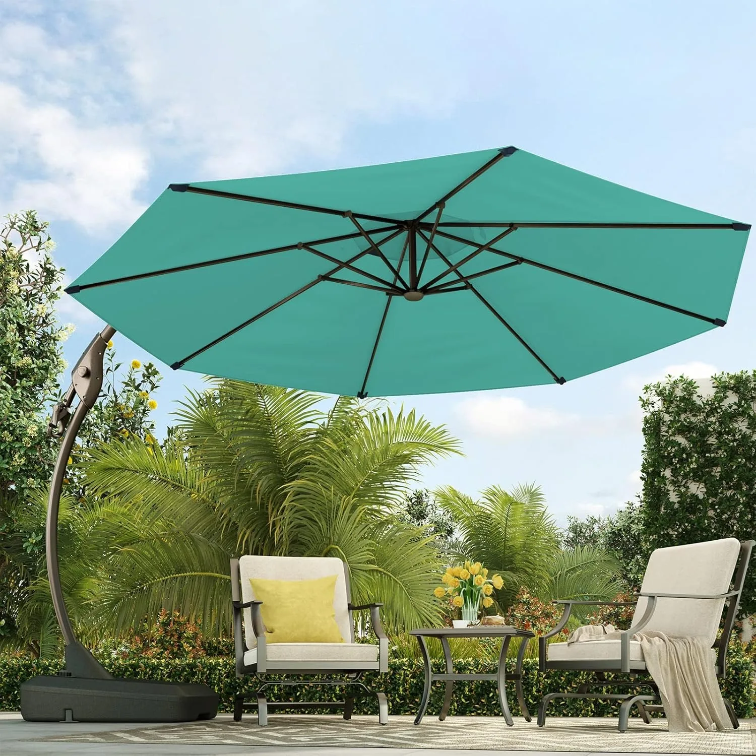 12 FT Sunbrella Cantilever Umbrella with Base Outdoor Round Aluminum Offset Hanging Umbrella Shade with Tilt Adjustment