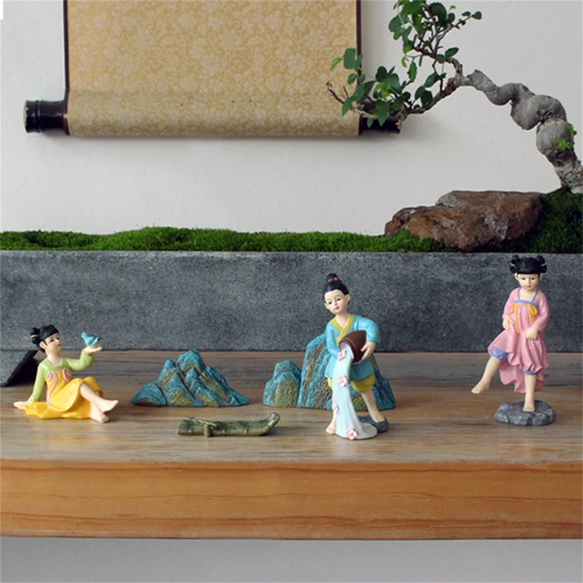 

6pcs ancient resin combination ornaments - miniature courtyard landscape figure scene, tea room study Zen landscape 3D crafts