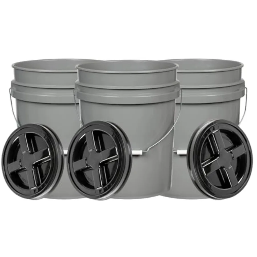 

5 Gallon Grey Food Grade Bucket with Black Screw on Lid BPA Free Container Pack of 3 Made in USA