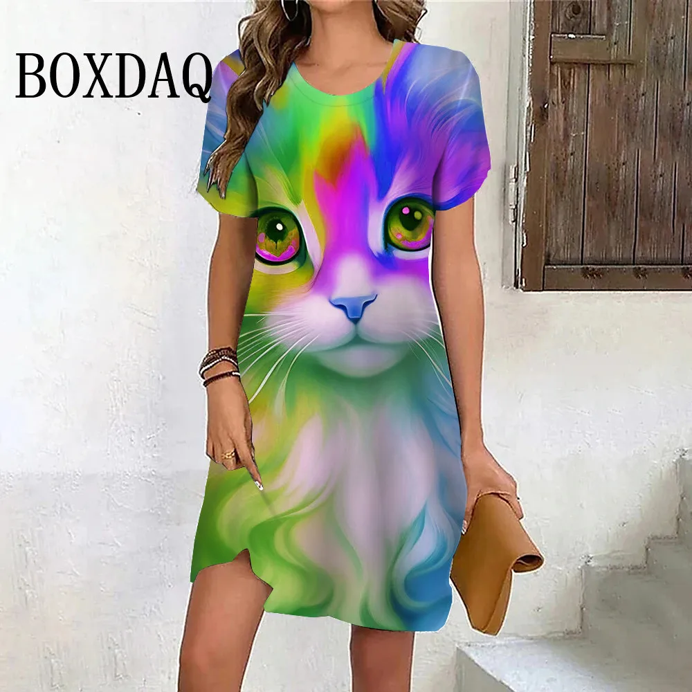 Rainbow Painted Cute Cat Dress Women Kawaii 3D Print Short Sleeve A-Line Mini Dress Casual Streetwear Summer Fashion Dress Lady