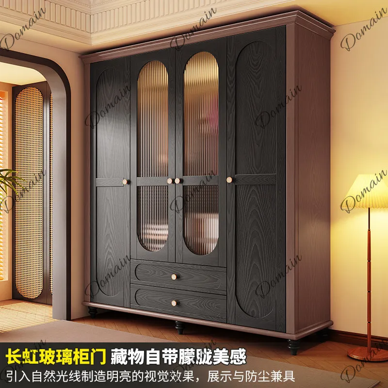 French retro solid wood wardrobe bedroom home light luxury wardrobe hanging clothes medieval American sliding four-door large