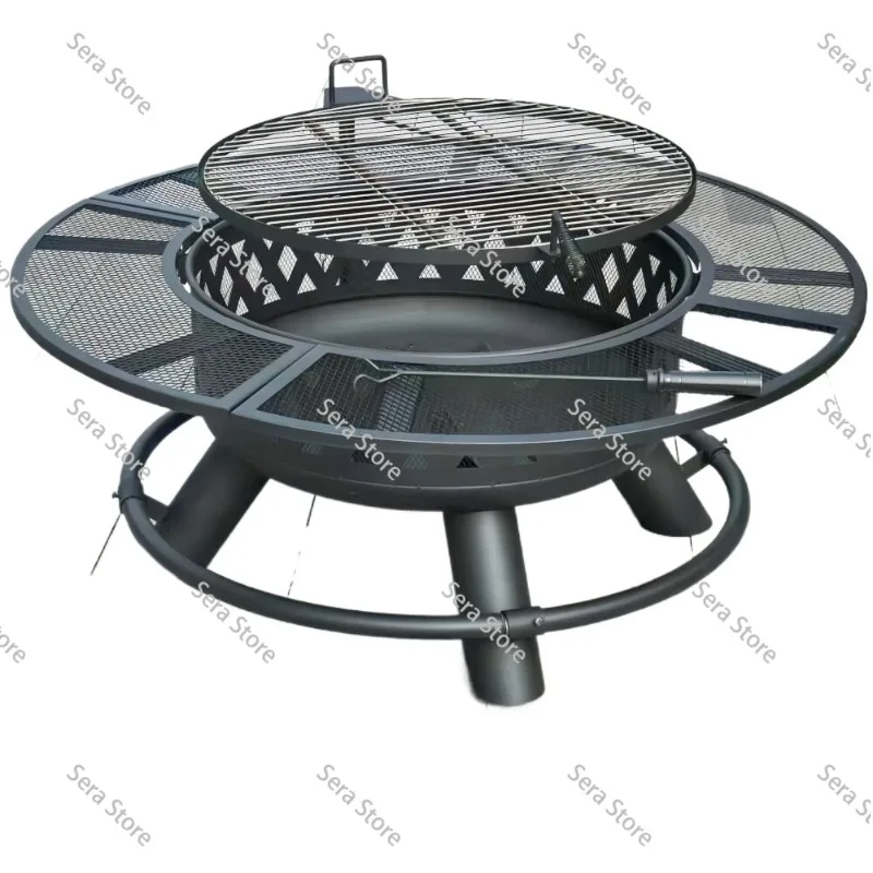 Outdoor BBQ Grill Firewood Heating Stove Patio Fire Pit Table Integrated Charcoal Braai Rack Backyard Campfire Tea Brewing Set