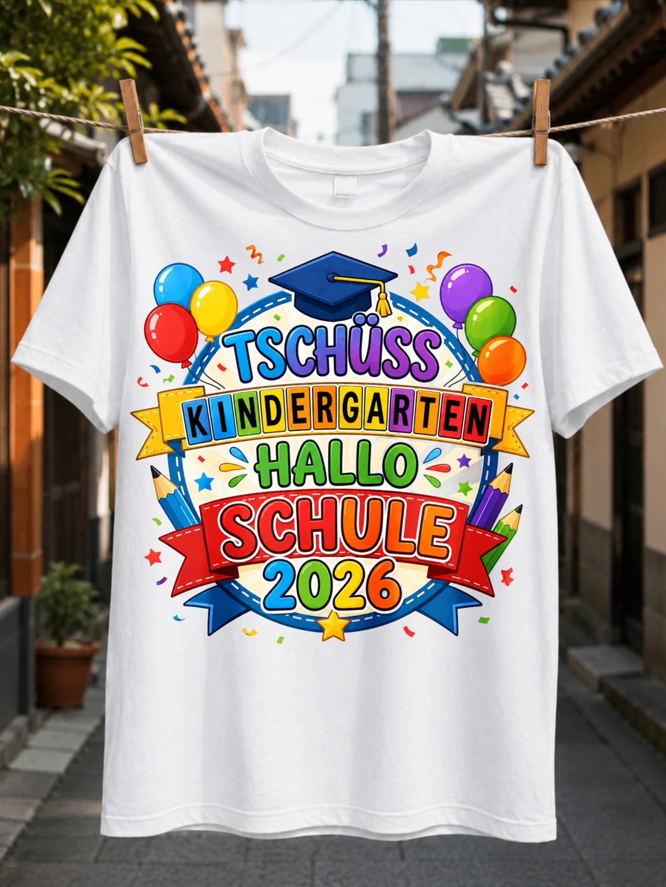 Tschuss Kindergarten Hallo Schule 2026 Graphic with banner balloons pencils and graduation board  Unisex All T-Shirt