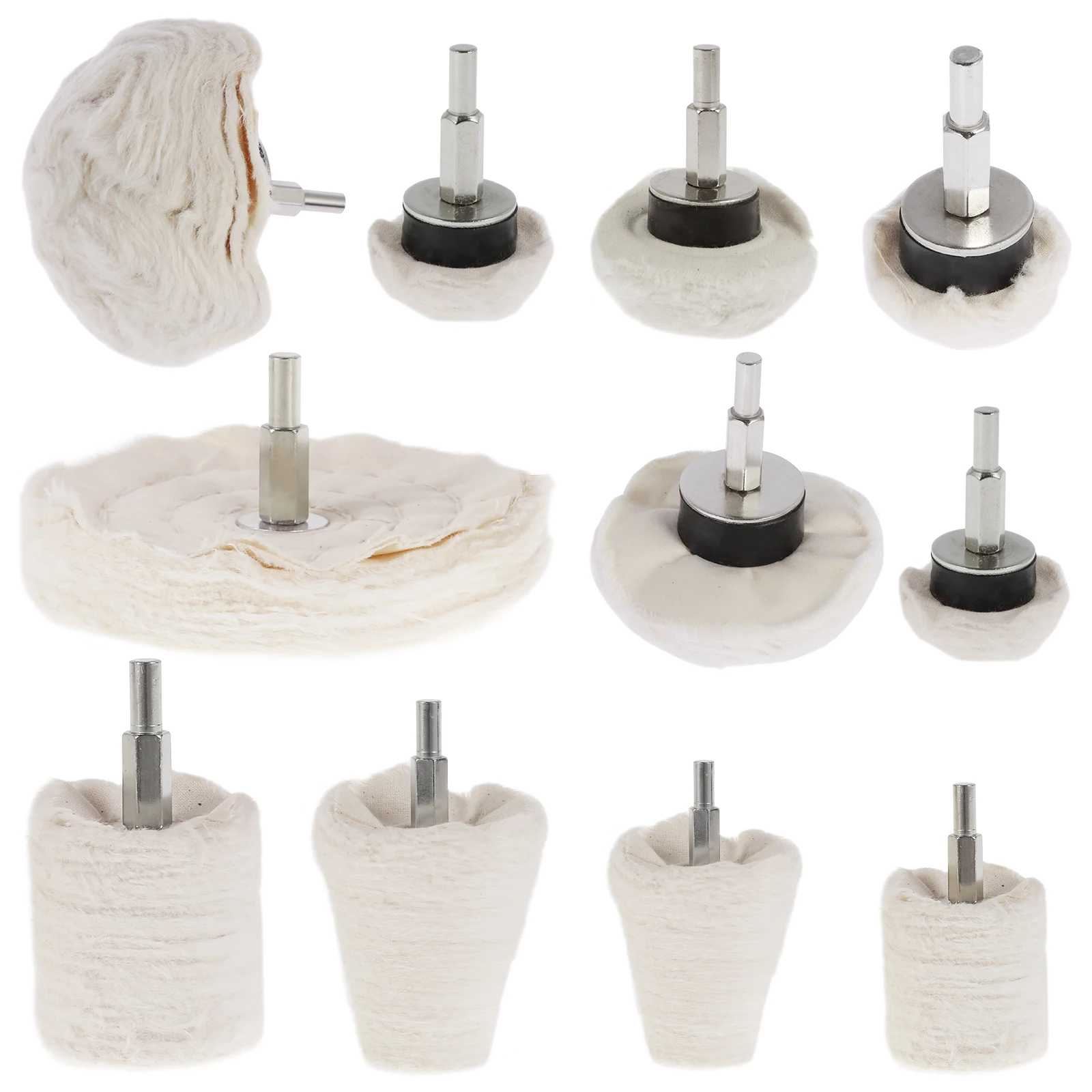 11Pcs Drill Buffing Wheel Reusable Wheel Polishing Kit with 0.25inch Hex Shaft Flannelette Cylindrical/Round/Conical/Mushroom