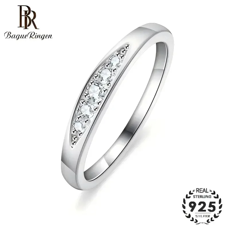 BR Trendy 925 Silver 5-Stone Straight Moissanite Ring for Women, Luxurious Prong Setting Stackable Band, Eternity Wedding Gift