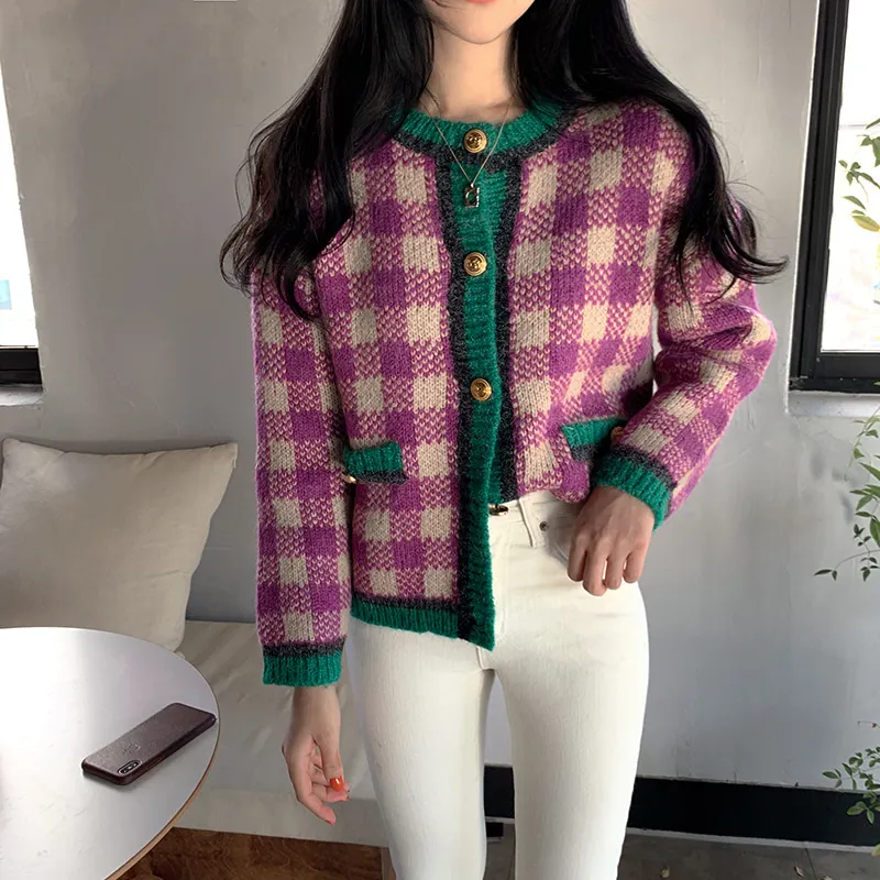 

Arazooyi 2023 Korean Spring Knitted Sweaters Lady Vintage Plaid Knit Cardigan Female Fashion Sweater Coat for Women Clothing