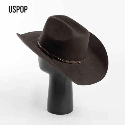 Imagen 2 del producto USPOP Otoño Invierno sombrero de vaquero occidental Unisex Casual tachonado sombrero de fieltro de lana con cinturón Fedora de gran tamaño disponible en tallas S-XL