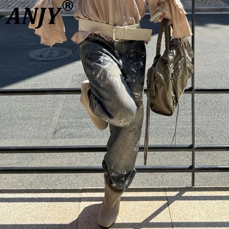 

ANJY осень-зима женская уличная мода джинсы с разбрызгами чернил винтажные потертые граффити свободные повседневные уличные джинсовые брюки A12413