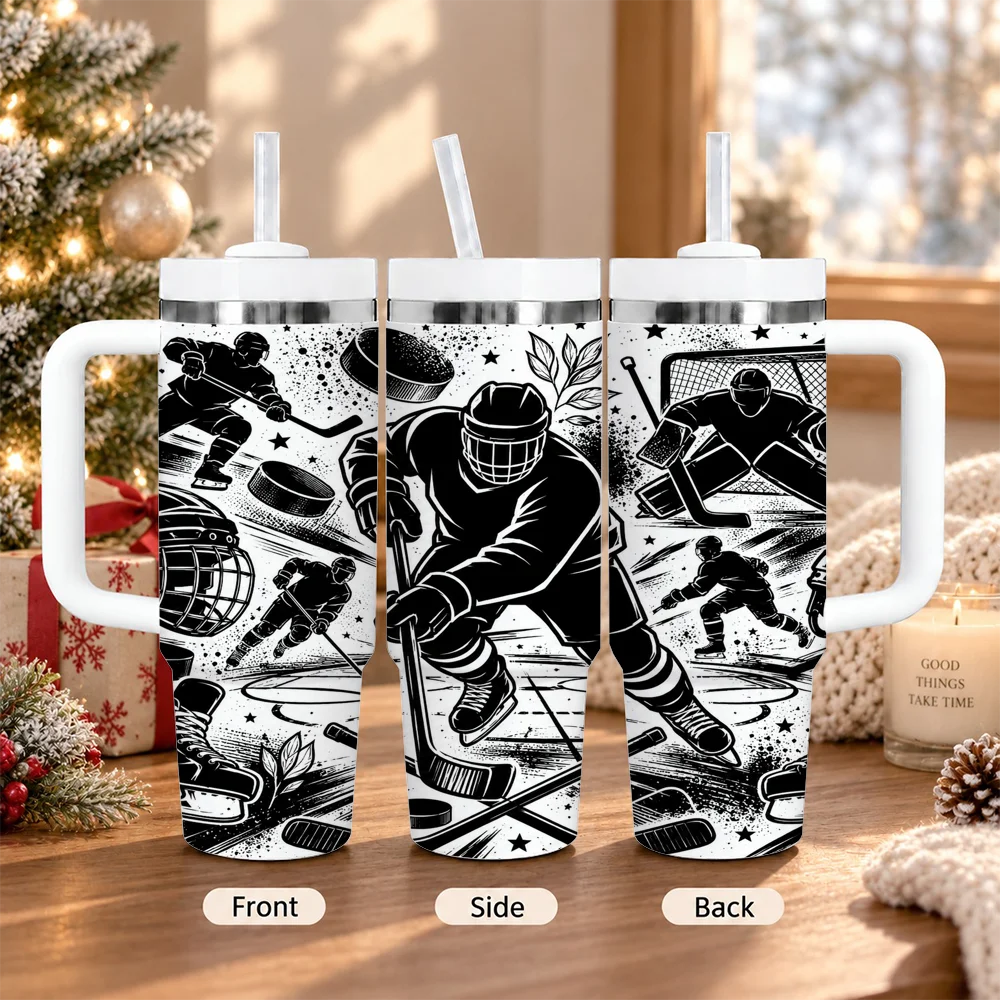 Ice Hockey Player Puck Skate 40oz Tumbler with Handle Straw Stainless Steel Insulated Travel Mug Sports Gift Vacuum Flasks