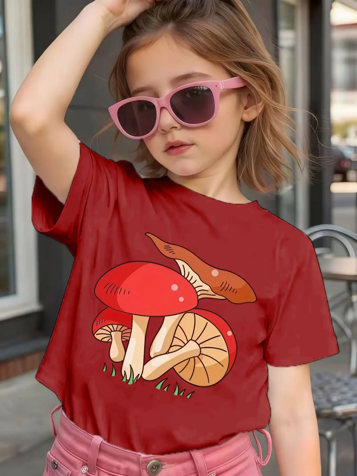 Red Mushroom Cartoon Print Kids T Shirt Cotton Short Sleeve Boys Girls Parent Child Matching Summer Nature Casual Tees