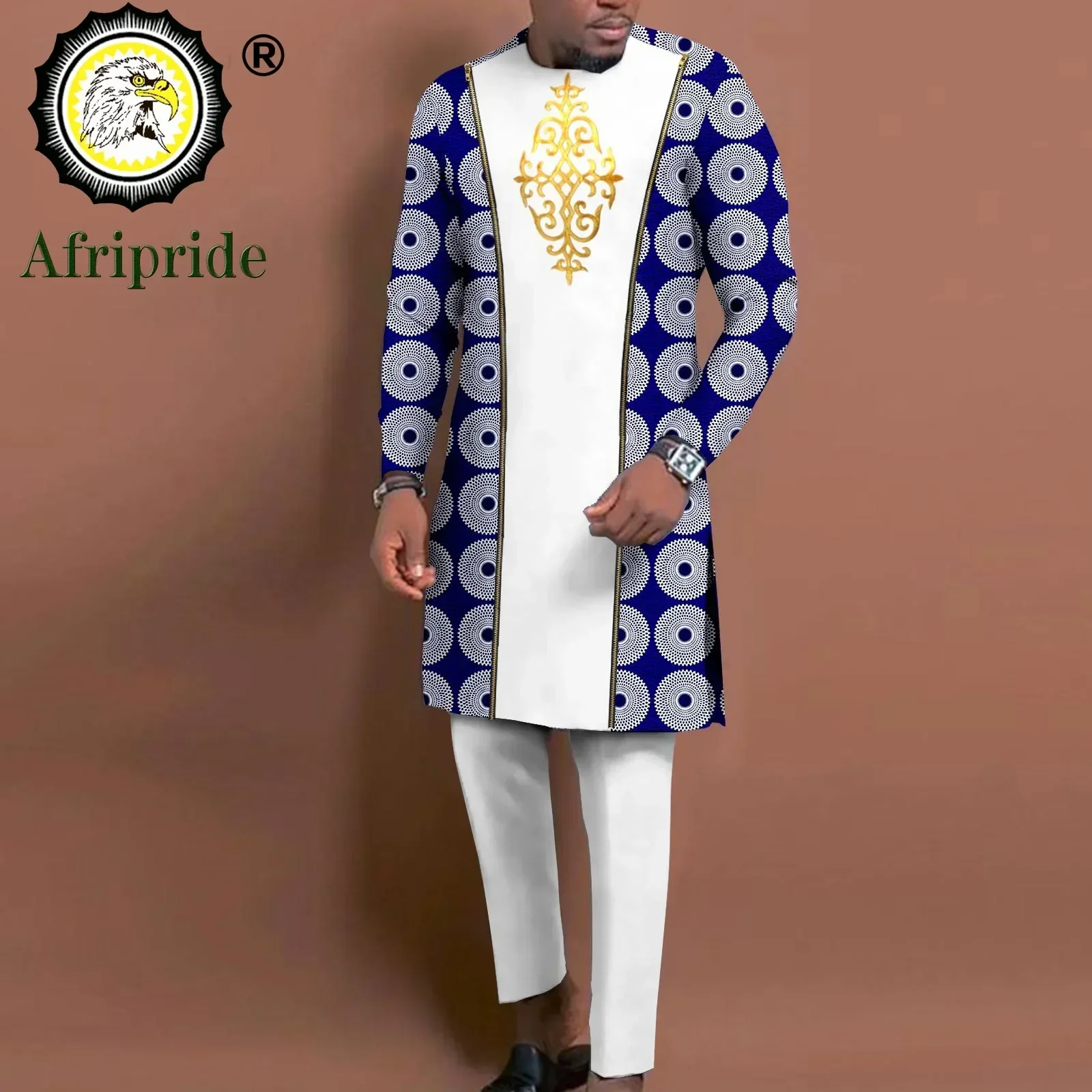 Bazin Riche African Traditional Clothing for Men Embroidery Dashiki Print Zip Blazer Coats with Trousers 2 Piece Suit A2116060