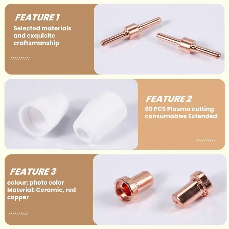 EYFL-60 Pcs/Set + Red Copper Air Plasma Cutting Cutter Consumables Extended TIP Nozzles Electrode For PT31 LG40 Torch CU