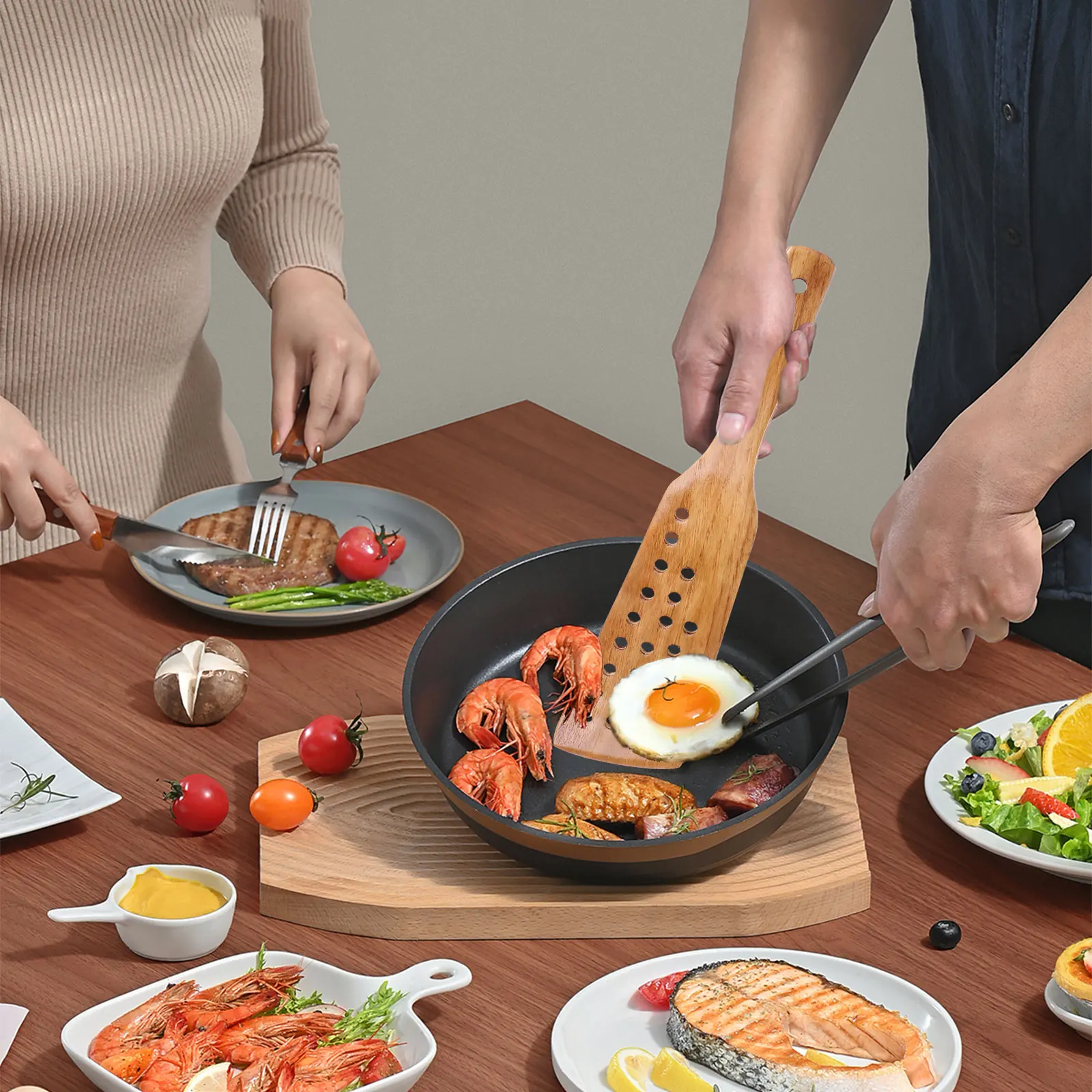 

2Pcs Wooden Spatula Nonstick Kitchen Turner Handcrafted Shovel Steak Pan Utensil Set Cooking Tool