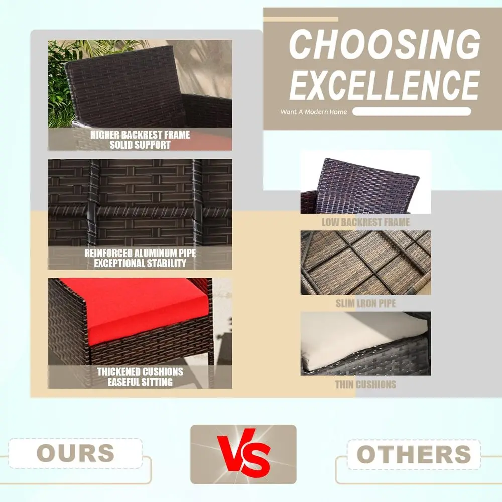 Conjunto de móveis de pátio de vime marrom e vermelho com mesa de vidro e almofadas para conversa ao ar livre