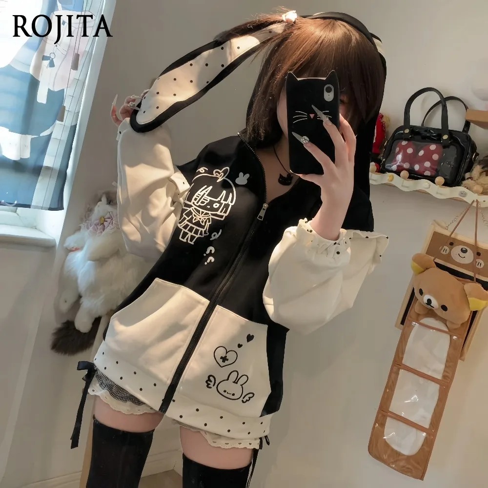 Autumn New Polka Dot Ears Cute Cartoon Print Color Block Zipper Hooded Jacket Women Loose Long Sleeve Coat Women