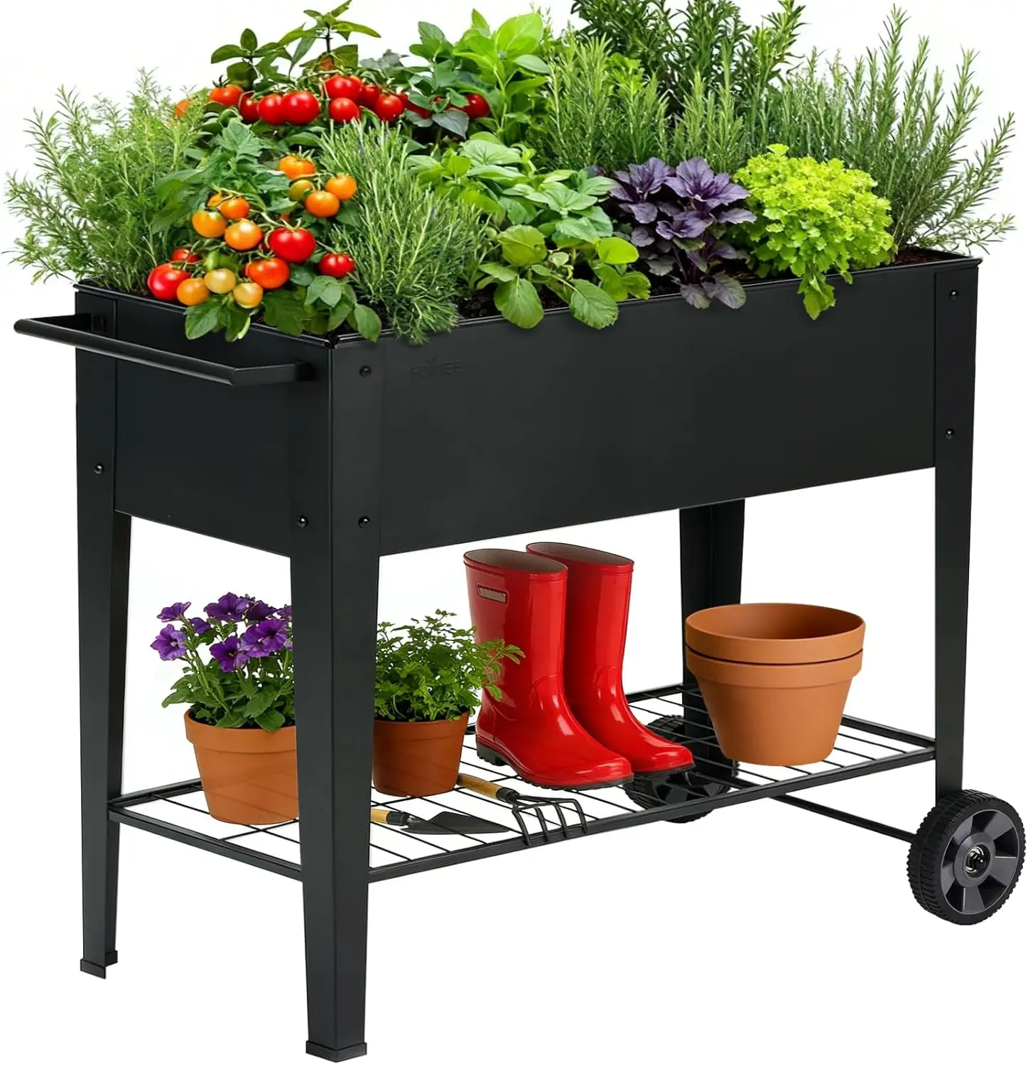 31.5" Tall Raised Garden Bed with Wheels, Extra 15.7" W Planter Box (400 lbs Loads) with Storage Shelf & Handle,Heavy Duty Metal Garden Planter for Vegetables, Herbs & Flowers, Patio & Balcony