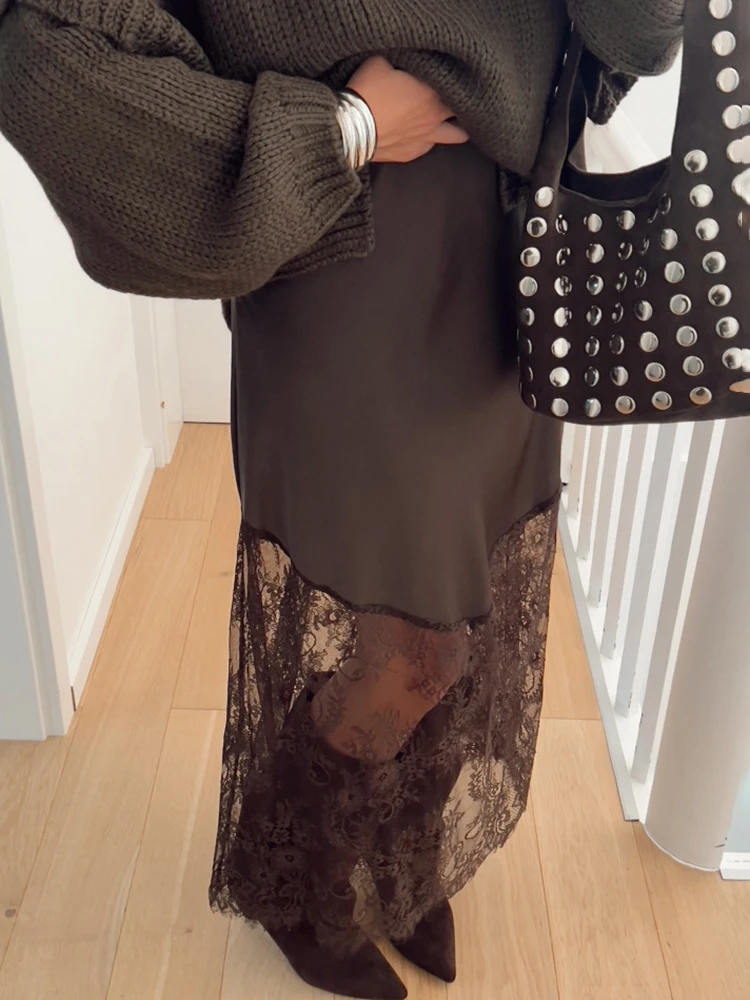 Talenza خمر الدانتيل التنانير النساء البني الدانتيل المرقعة انظر من خلال تنانير طويلة مثير عالية الخصر المجهزة مظهر الحفلات تنورة الإناث #3