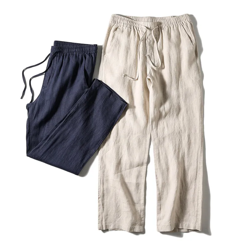 

Summer Thin Large Size Cotton Linen Nine Points Men's Loose Casual Harem Pants Straight Leg Elastic Waist Pure Color Antibact...
