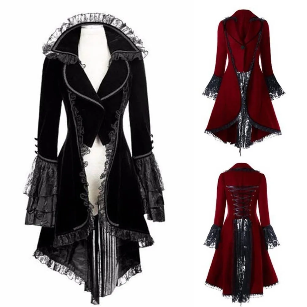 Vestido medieval de Halloween para mulheres, Vestido de mulheres medievais, Fenda Ruffle Hem, Renda apertada impressa, Traje Gótico Punk, Pano de festa