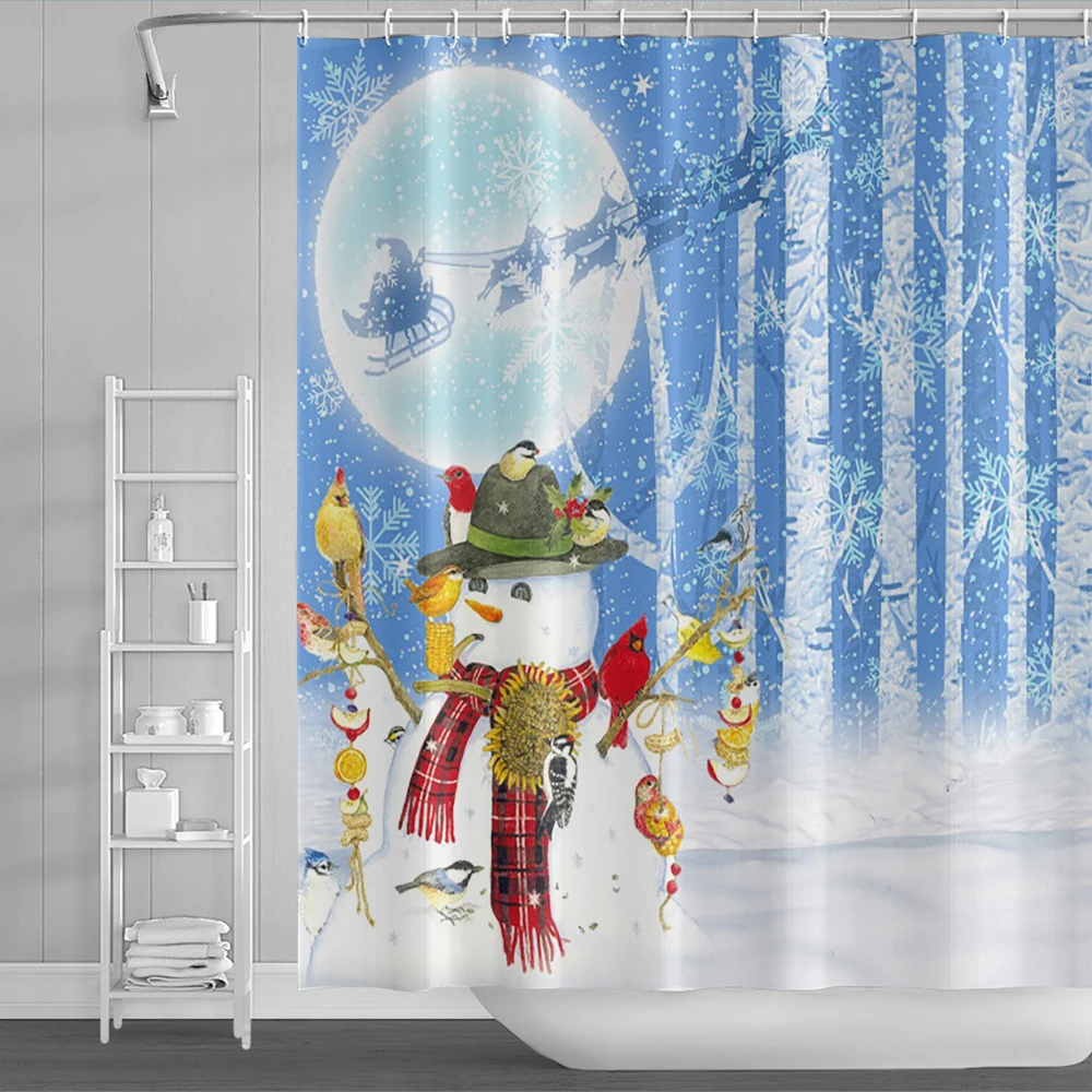 

Scarves Snowman Christmas Shower Curtain Colorful Star Winter Holiday Theme Bathroom Waterproof Fabric with Hooks Bath Curtains