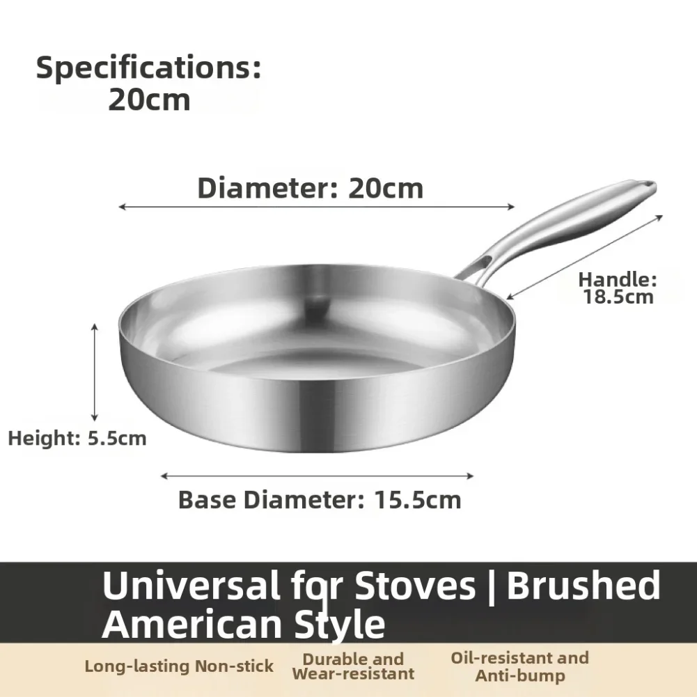 304 Stainless Steel Pan Flat Bottom Suitable for For pancakes Steaks Ergonomic Handle Easy to Maintain and Clean
