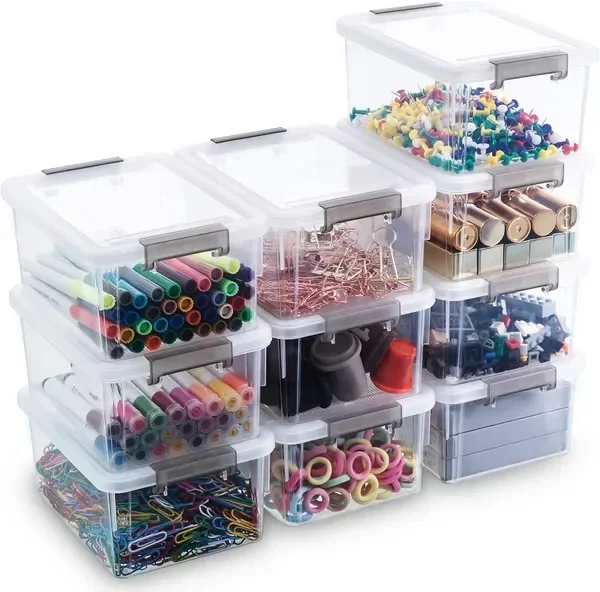 

1.3 QT 10 Pack Small Storage Bins Plastic Storage Container Stackable Box with Lids for Organizing, Clear White